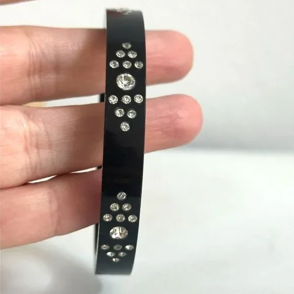 Vintage Black Plastic Bangle – Inset Rhinestones, Art Deco Style - Picture 4 of 6